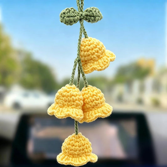 Car Mirror Hanging Accessories - Handmade Knitted Lily Flower Pendant, Cute Crochet Hanging Decor for Rearview Mirror, Women's Car Interior Decoration (1 PCS, Yellow)
