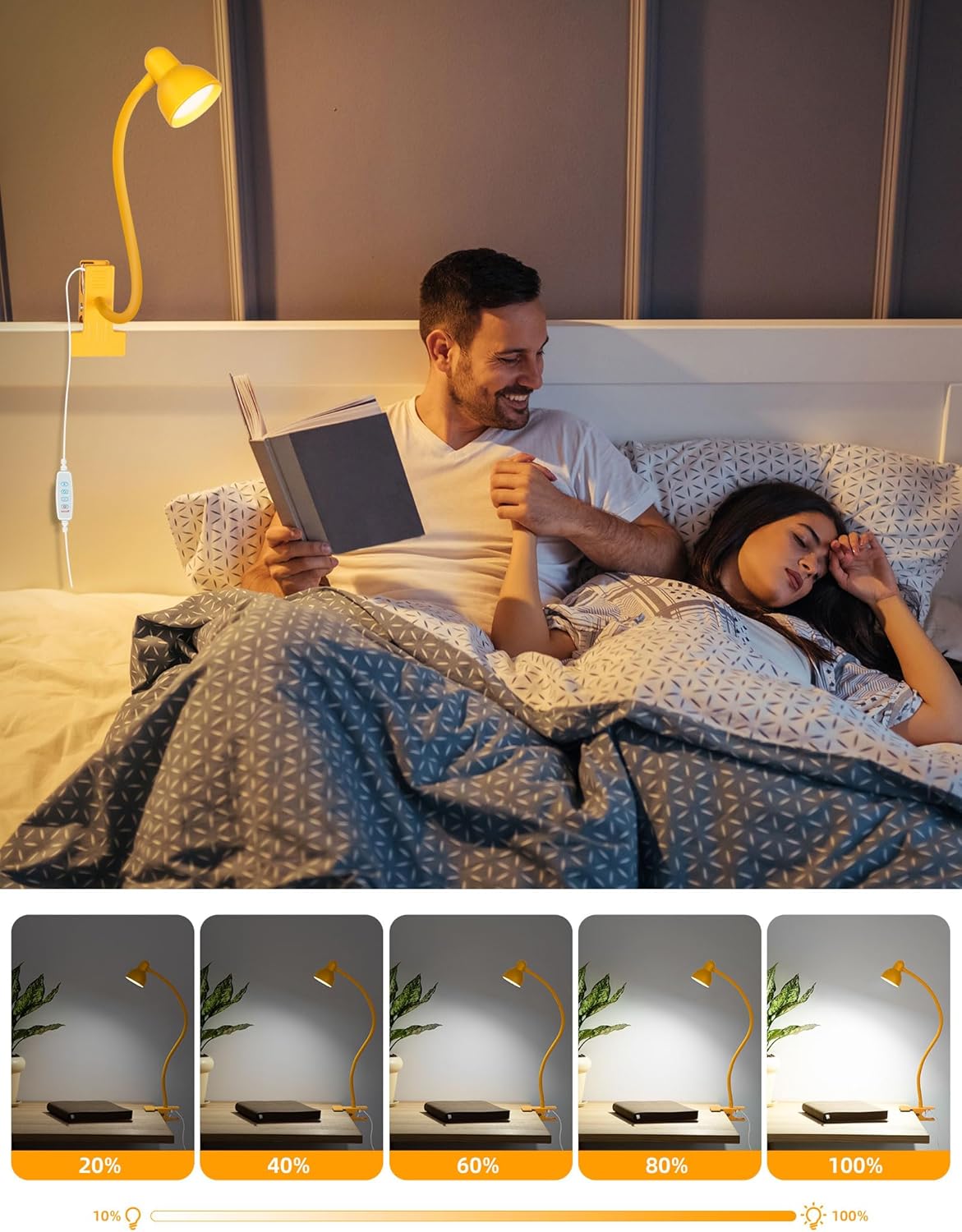 Clip on Reading Light for Bed 3 Color Modes, 10 Brightness Dimmable, Flexible Gooseneck Clip on Lamp, Eye Care Clip Light for Bed Headboard Desk Home Dorm, Yellow