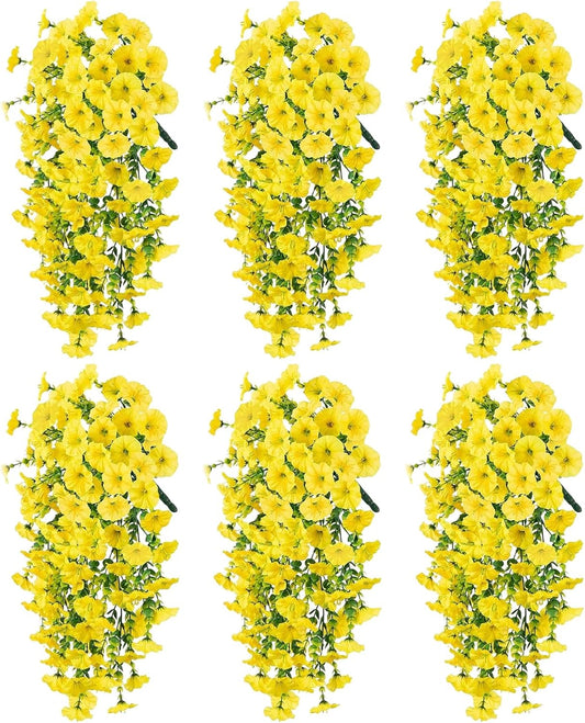 Artificial Hanging Flowers for Outdoors, 6Pcs UV Resistant Morning Glory Vines Fake Flowers with Eucalyptus, Realistic Silk Faux Hanging Plants Decor for Outside Planter Porch Patio (Yellow)
