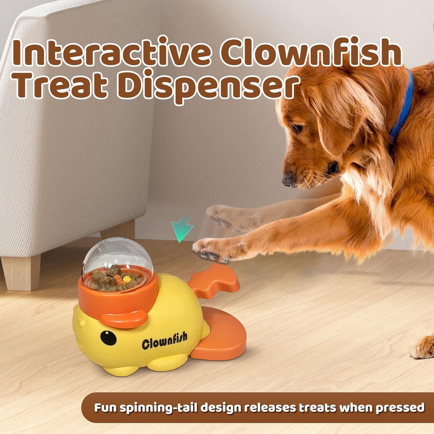 Interactive Clownfish Dog Treat Dispenser Toy with Spinning Tail, Puzzle Slow Feeder for Dogs & Cats, Treat Dispensing Food Puzzle Feeder, Includes Cleaning Cloth & Brush (Yellow)