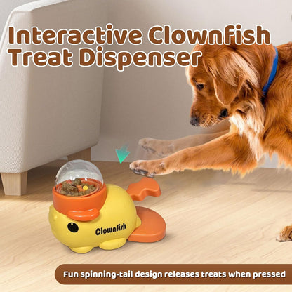 Interactive Clownfish Dog Treat Dispenser Toy with Spinning Tail, Puzzle Slow Feeder for Dogs & Cats, Treat Dispensing Food Puzzle Feeder, Includes Cleaning Cloth & Brush (Yellow)