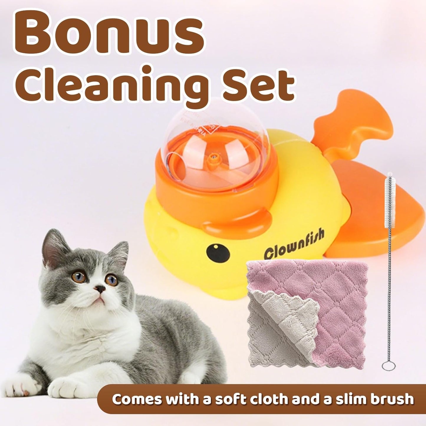 Interactive Clownfish Dog Treat Dispenser Toy with Spinning Tail, Puzzle Slow Feeder for Dogs & Cats, Treat Dispensing Food Puzzle Feeder, Includes Cleaning Cloth & Brush (Yellow)