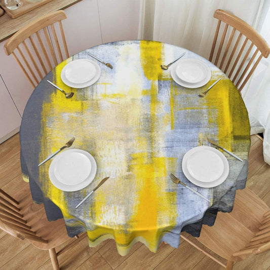 Grey and Yellow Abstract Art Painting 60 Inch Round Lace Tablecloth, Vintage Floral Table Cover for Wedding Banquet, Brunch Party, Coffee Shop Dining Table Decoration