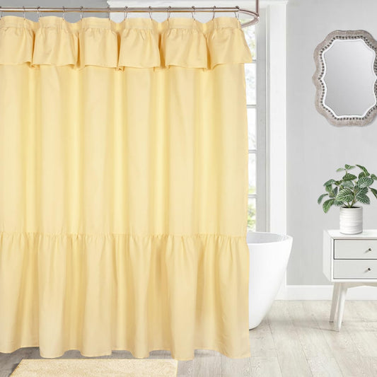Ruffled Farmhouse Shower Curtain, Yellow Soft Fabric, Country and Chic Style, 72x72 in