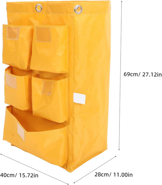 Waterproof Canvas Cleaning Cart Bag with 5 Pockets, Yellow Janitorial Storage Bag for Housekeeping Trolleys, Sturdy Trash and Supply Organizer for Commercial Cleaning Carts