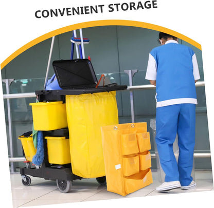 Waterproof Canvas Cleaning Cart Bag with 5 Pockets, Yellow Janitorial Storage Bag for Housekeeping Trolleys, Sturdy Trash and Supply Organizer for Commercial Cleaning Carts