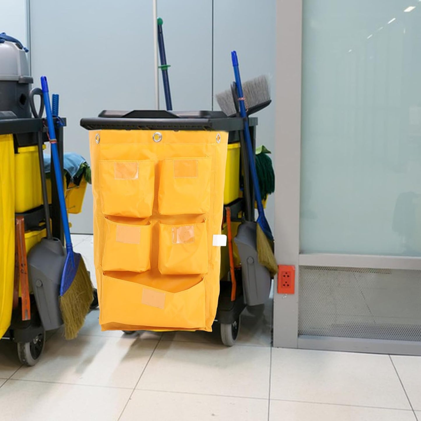 Waterproof Canvas Cleaning Cart Bag with 5 Pockets, Yellow Janitorial Storage Bag for Housekeeping Trolleys, Sturdy Trash and Supply Organizer for Commercial Cleaning Carts