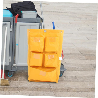 Waterproof Canvas Cleaning Cart Bag with 5 Pockets, Yellow Janitorial Storage Bag for Housekeeping Trolleys, Sturdy Trash and Supply Organizer for Commercial Cleaning Carts
