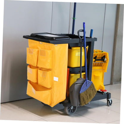 Waterproof Canvas Cleaning Cart Bag with 5 Pockets, Yellow Janitorial Storage Bag for Housekeeping Trolleys, Sturdy Trash and Supply Organizer for Commercial Cleaning Carts