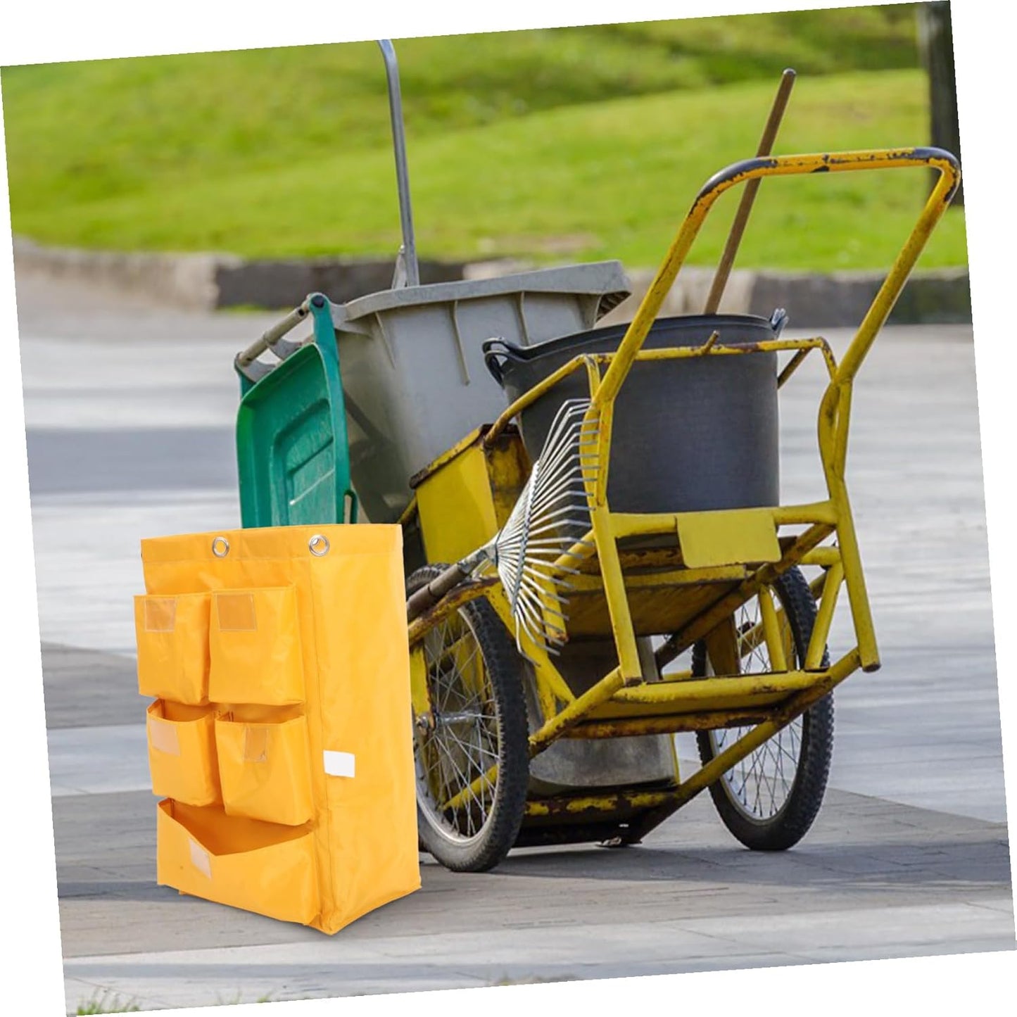 Waterproof Canvas Cleaning Cart Bag with 5 Pockets, Yellow Janitorial Storage Bag for Housekeeping Trolleys, Sturdy Trash and Supply Organizer for Commercial Cleaning Carts