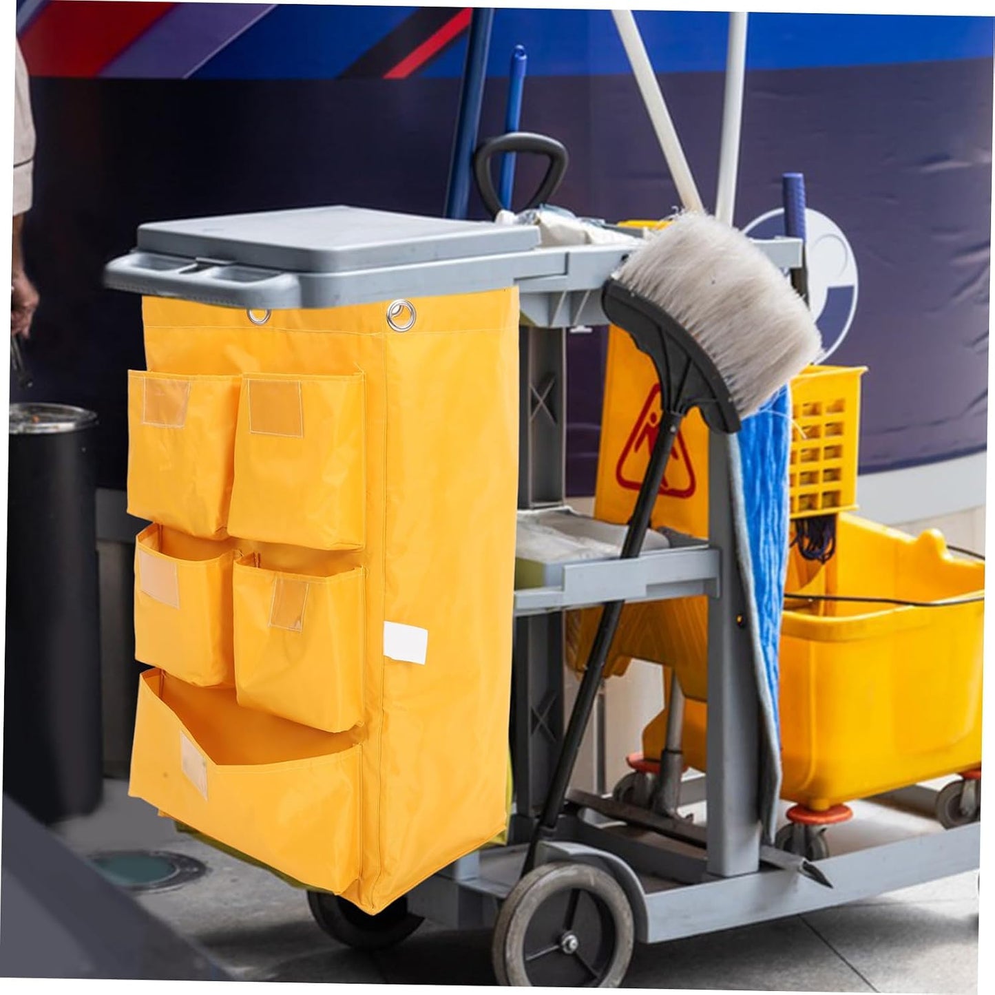Waterproof Canvas Cleaning Cart Bag with 5 Pockets, Yellow Janitorial Storage Bag for Housekeeping Trolleys, Sturdy Trash and Supply Organizer for Commercial Cleaning Carts