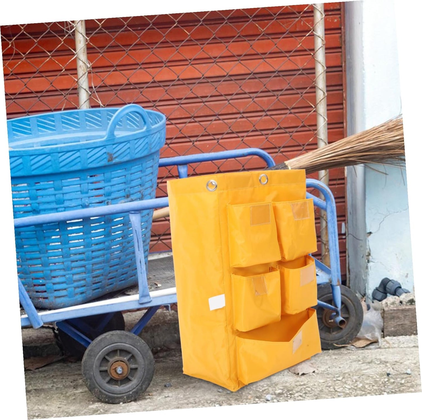Waterproof Canvas Cleaning Cart Bag with 5 Pockets, Yellow Janitorial Storage Bag for Housekeeping Trolleys, Sturdy Trash and Supply Organizer for Commercial Cleaning Carts
