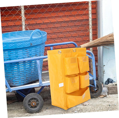 Waterproof Canvas Cleaning Cart Bag with 5 Pockets, Yellow Janitorial Storage Bag for Housekeeping Trolleys, Sturdy Trash and Supply Organizer for Commercial Cleaning Carts