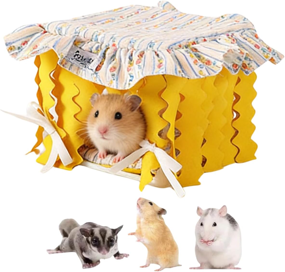 Guinea Pig Hideout, Hamster Bed Machine Washable Small Animal Tent with Tassel Curtain Cage Accessories for Hamster Bunny Chinchilla Hedgehog Bearded Dragon Sugar Glider Rat (Yellow,Small)