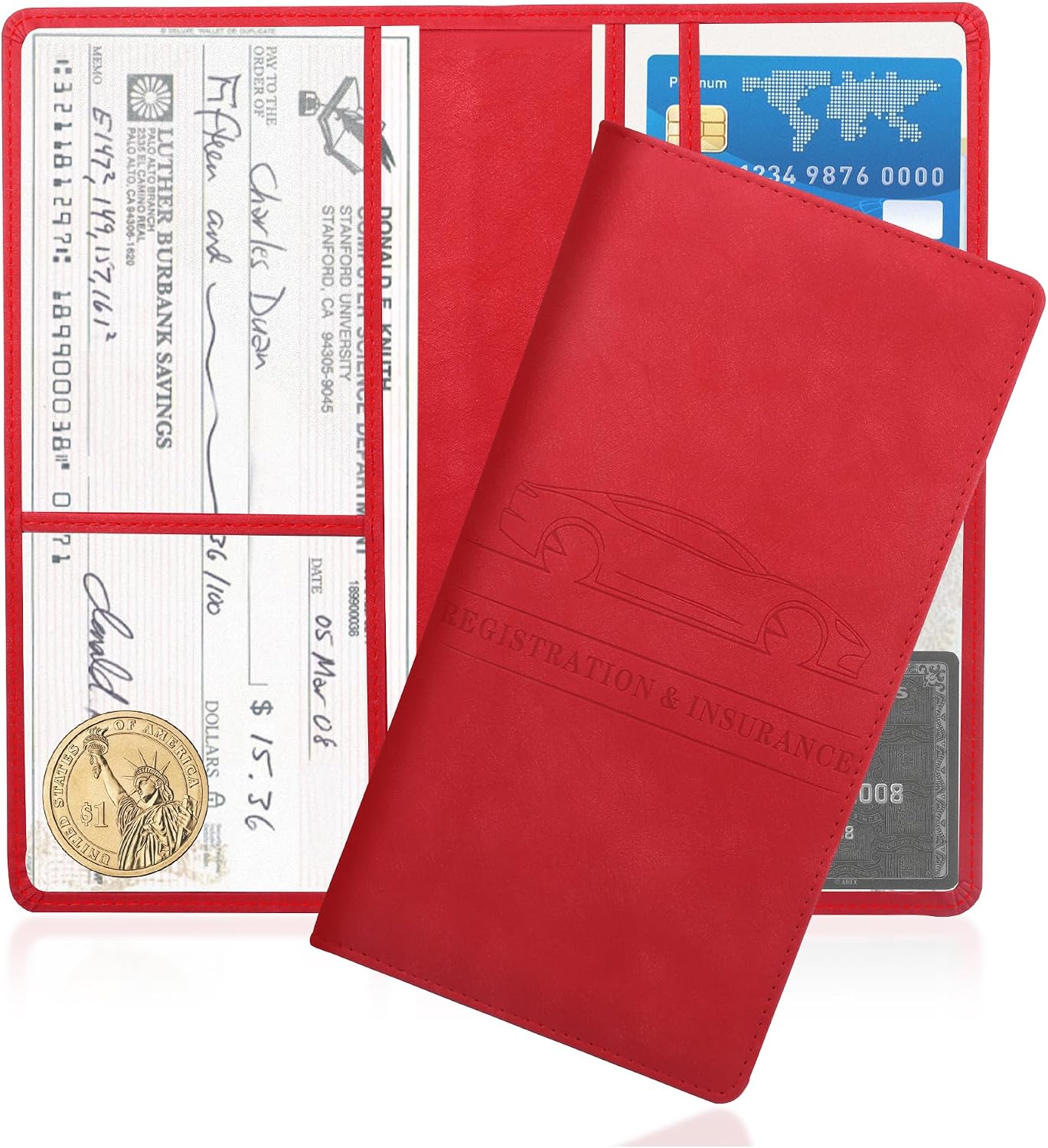Car Registration and Insurance Holder,PU Leather Car Glove Box Organizer Car Document Holder for ID,Driver's License,Universal Car Organizer Car Accessories for Women/Men (Red)