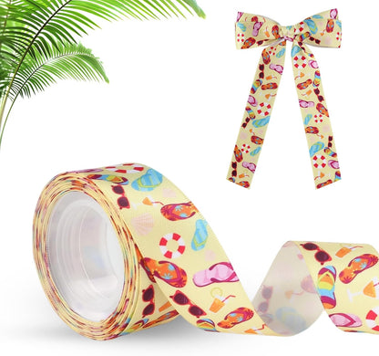 Beach Ribbon 5 Yards 1 Inch Satin Printed Summer Ribbon Sunshine Sea Yellow | For Decorative Gift Wrapping Wreath Floral Crafts Bouquet Sewing Diy Hair Bow Tropical Hawaiian Party Decoration Supplies