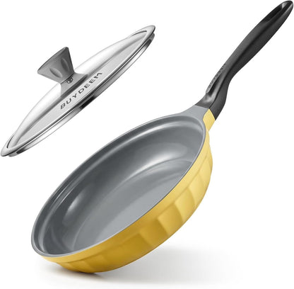 10.6" Ceramic Nonstick Frying Pan with Glass Lid, PFAS Free Nonstick Skillet, 5.5mm Heavy-Duty Base, Stay-Cool Bakelite Handle, All Stovetops Compatible, Mellow Yellow