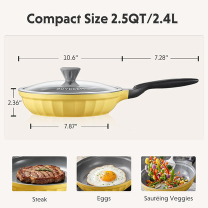 10.6" Ceramic Nonstick Frying Pan with Glass Lid, PFAS Free Nonstick Skillet, 5.5mm Heavy-Duty Base, Stay-Cool Bakelite Handle, All Stovetops Compatible, Mellow Yellow