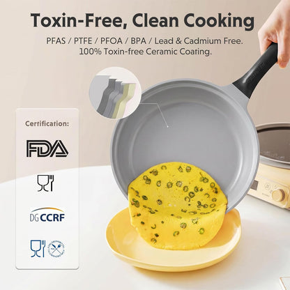 10.6" Ceramic Nonstick Frying Pan with Glass Lid, PFAS Free Nonstick Skillet, 5.5mm Heavy-Duty Base, Stay-Cool Bakelite Handle, All Stovetops Compatible, Mellow Yellow
