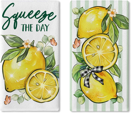 Spring Summer Lemon Kitchen Dish Towels Set of 2, Squeeze The Day Citrus Fruit Plaid Bow Drying Hand Towel Baking Cooking Cloth, Striped Farmhouse Bathroom Home Decoration 18'' x 26''