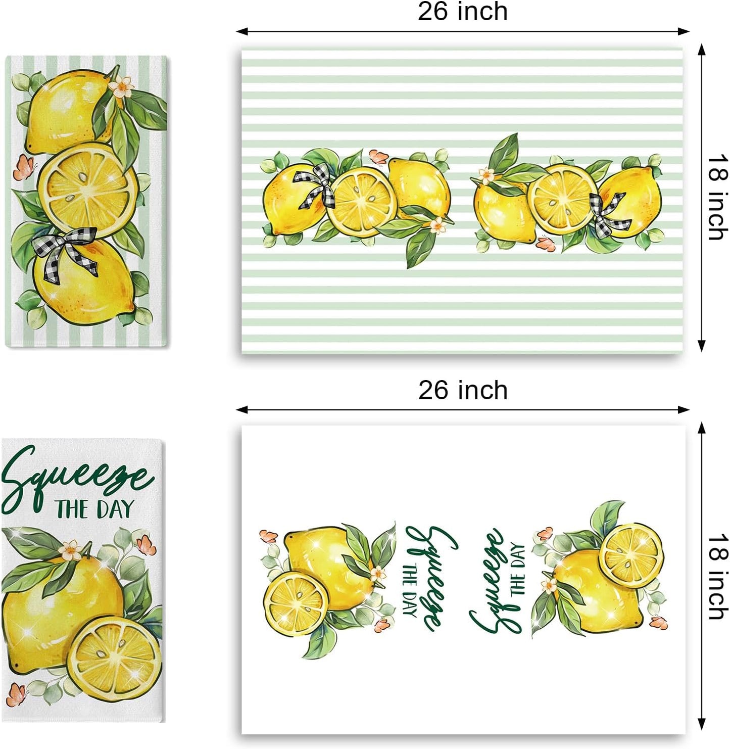 Spring Summer Lemon Kitchen Dish Towels Set of 2, Squeeze The Day Citrus Fruit Plaid Bow Drying Hand Towel Baking Cooking Cloth, Striped Farmhouse Bathroom Home Decoration 18'' x 26''