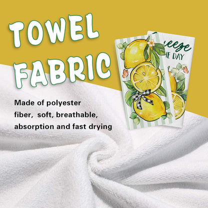 Spring Summer Lemon Kitchen Dish Towels Set of 2, Squeeze The Day Citrus Fruit Plaid Bow Drying Hand Towel Baking Cooking Cloth, Striped Farmhouse Bathroom Home Decoration 18'' x 26''