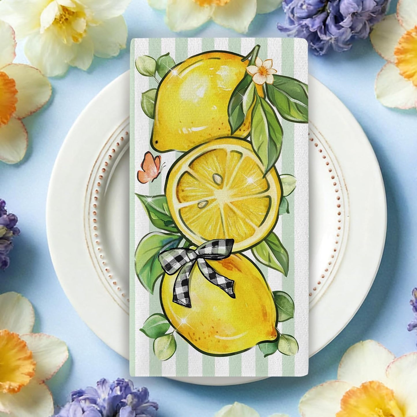Spring Summer Lemon Kitchen Dish Towels Set of 2, Squeeze The Day Citrus Fruit Plaid Bow Drying Hand Towel Baking Cooking Cloth, Striped Farmhouse Bathroom Home Decoration 18'' x 26''