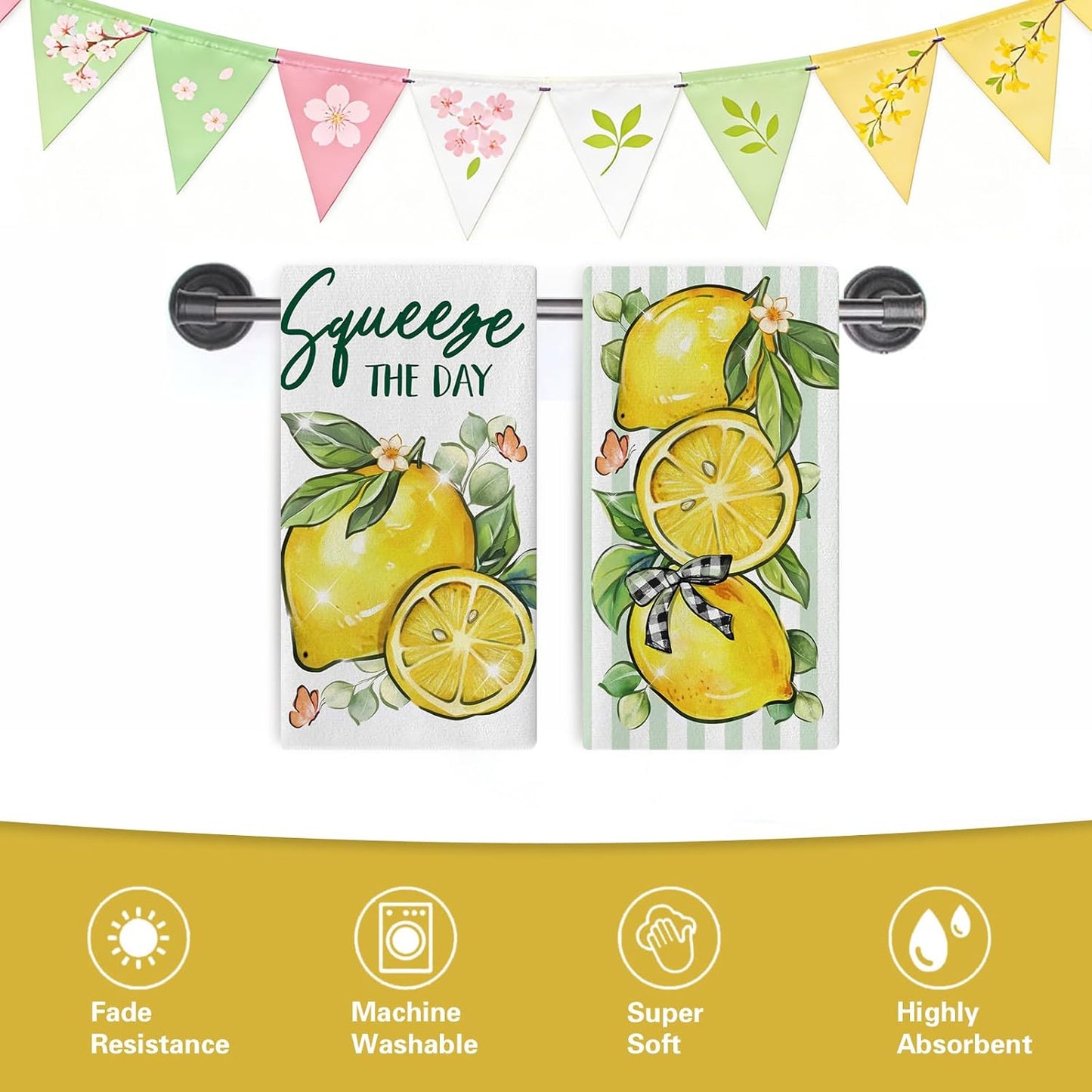 Spring Summer Lemon Kitchen Dish Towels Set of 2, Squeeze The Day Citrus Fruit Plaid Bow Drying Hand Towel Baking Cooking Cloth, Striped Farmhouse Bathroom Home Decoration 18'' x 26''