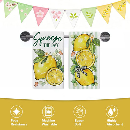 Spring Summer Lemon Kitchen Dish Towels Set of 2, Squeeze The Day Citrus Fruit Plaid Bow Drying Hand Towel Baking Cooking Cloth, Striped Farmhouse Bathroom Home Decoration 18'' x 26''