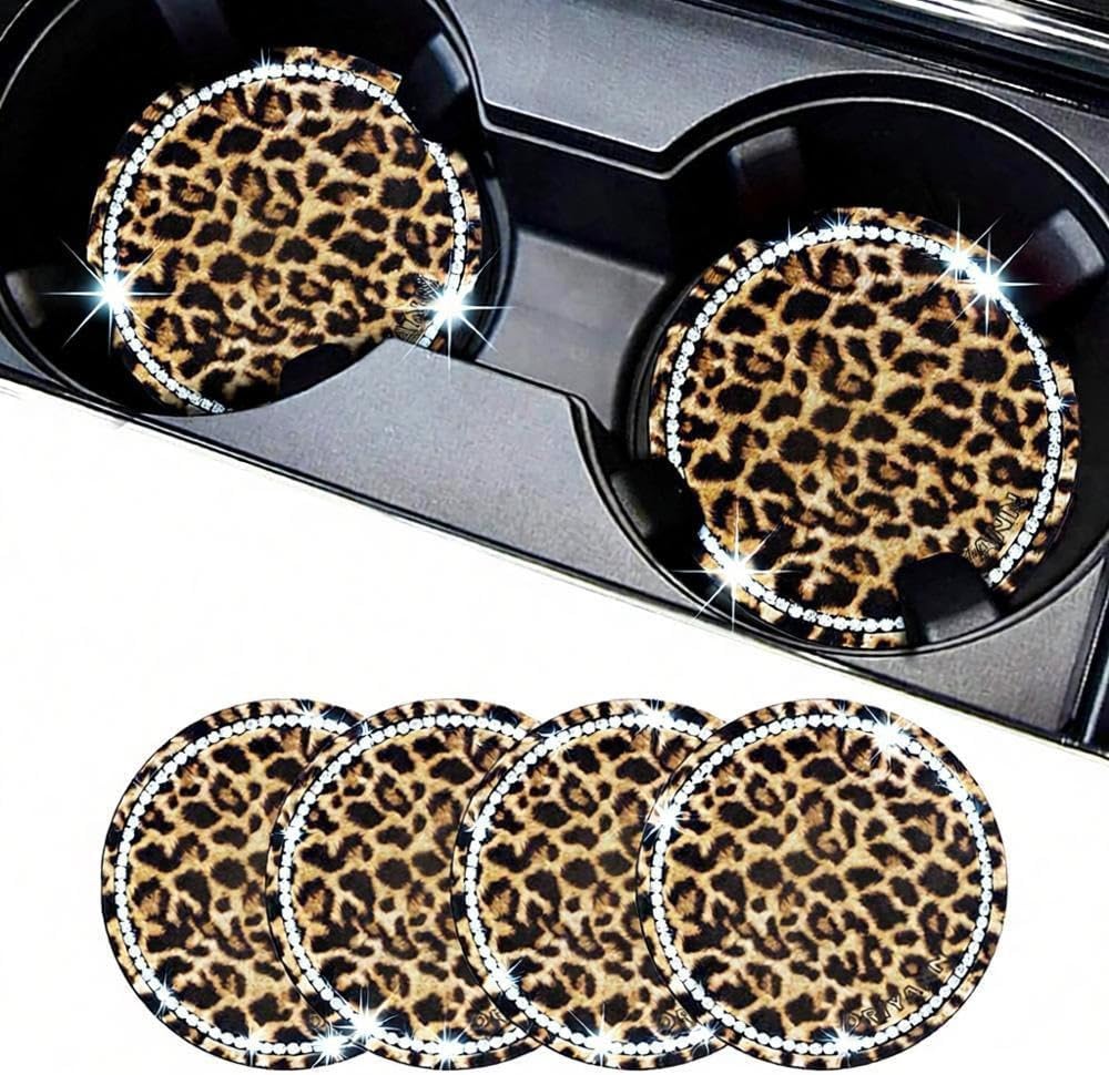 Leopard Car Coasters for Cup Holders, 4 Pack Silicone Cheetah Car Cup Holder Insert Coasters, 2.75" Universal Non-Slip Cup Holder Coaster, Car Interior Accessories for Women (Yellow)