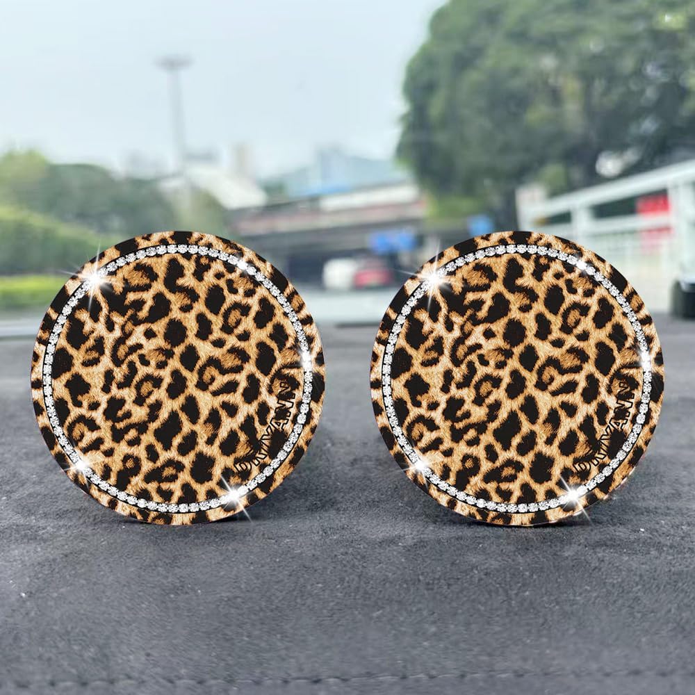 Leopard Car Coasters for Cup Holders, 4 Pack Silicone Cheetah Car Cup Holder Insert Coasters, 2.75" Universal Non-Slip Cup Holder Coaster, Car Interior Accessories for Women (Yellow)