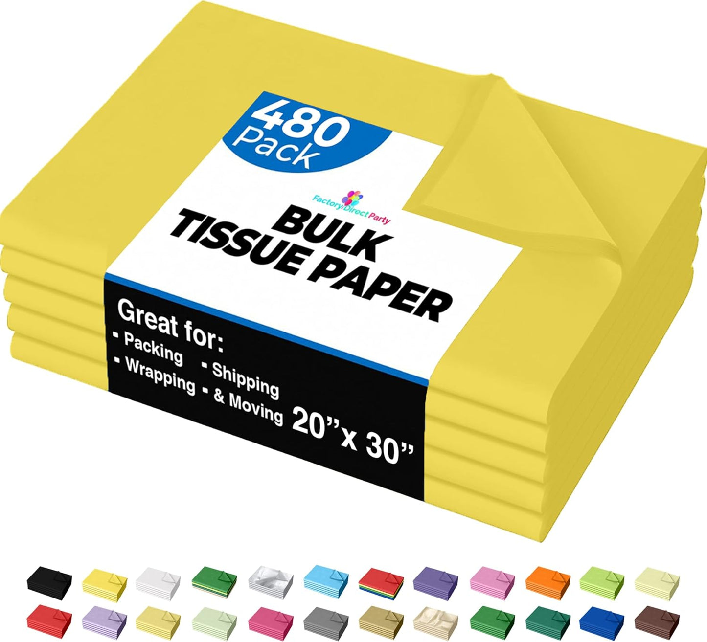 Party Solids Yellow Tissue Paper for Gift Bags - 20" X 30" Bulk Tissue Paper Yellow 480 Sheets - 10lb Newsprint for Packing, Birthday Gift Box Filler, Packing Supplies for Moving Supplies