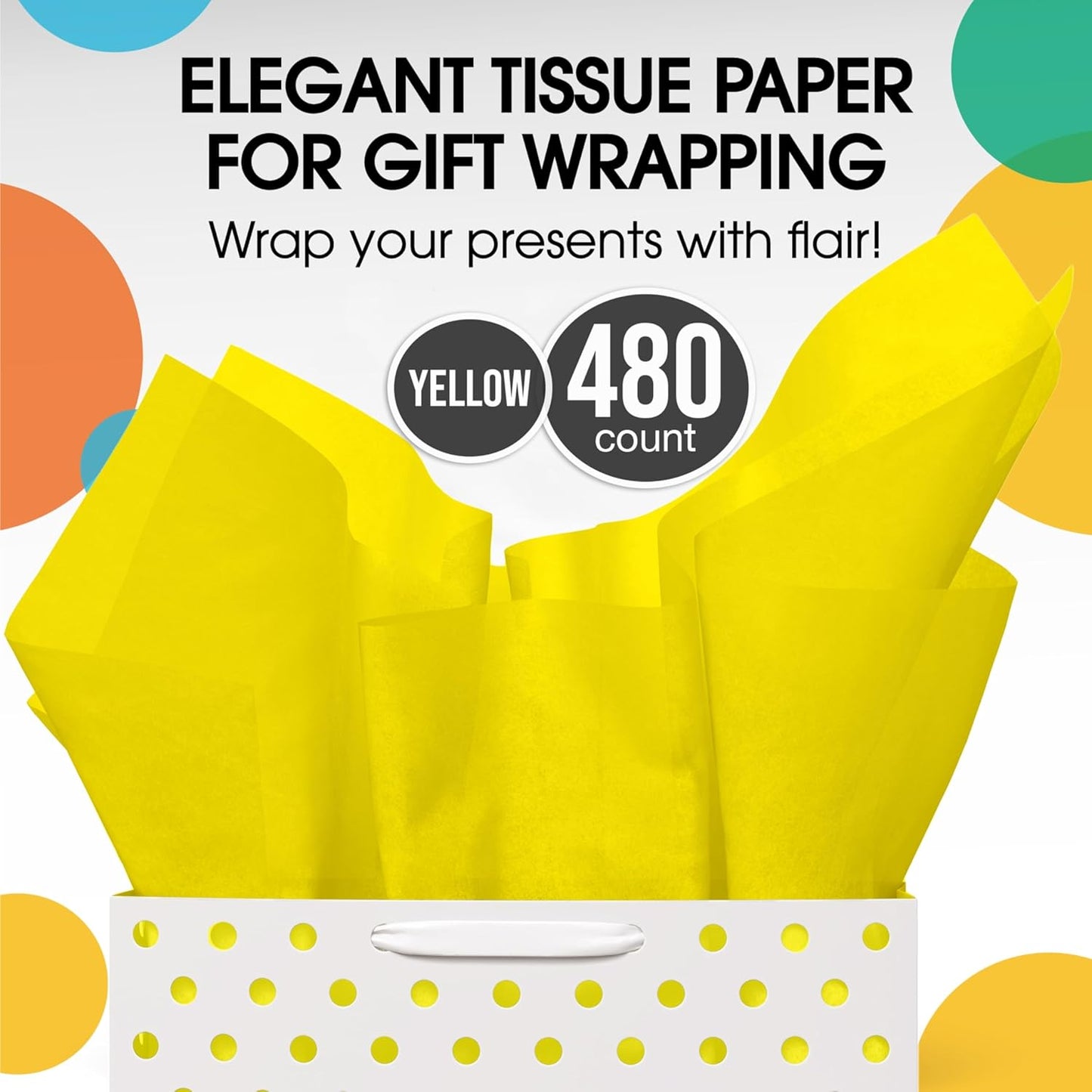 Party Solids Yellow Tissue Paper for Gift Bags - 20" X 30" Bulk Tissue Paper Yellow 480 Sheets - 10lb Newsprint for Packing, Birthday Gift Box Filler, Packing Supplies for Moving Supplies