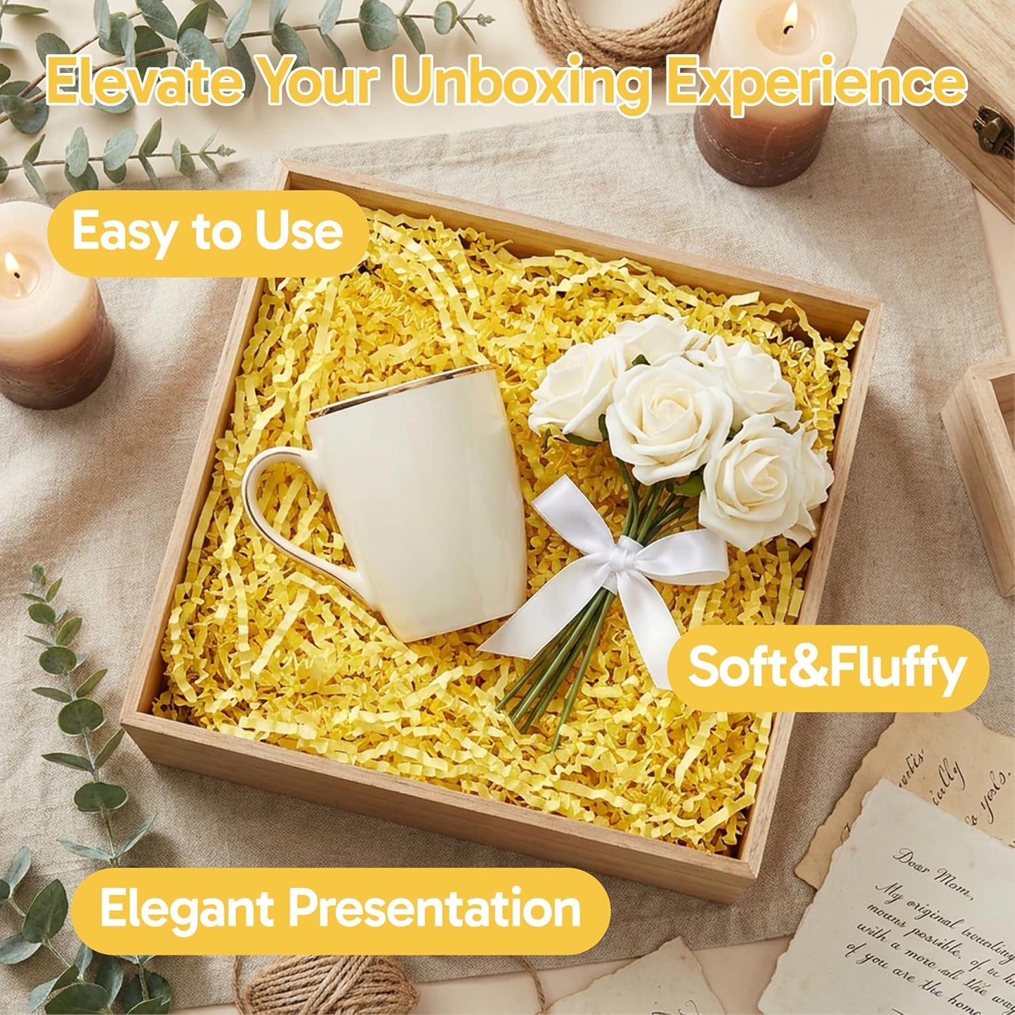 1 LB Yellow Crinkle Cut Paper Shred Filler, Decorative Shredded Paper for Gift Baskets and Box Packaging, Perfect for Weddings, Birthdays, Party Favors, Mother's Day & Valentine's Day Gifts