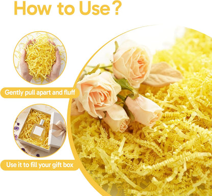 1 LB Yellow Crinkle Cut Paper Shred Filler, Decorative Shredded Paper for Gift Baskets and Box Packaging, Perfect for Weddings, Birthdays, Party Favors, Mother's Day & Valentine's Day Gifts
