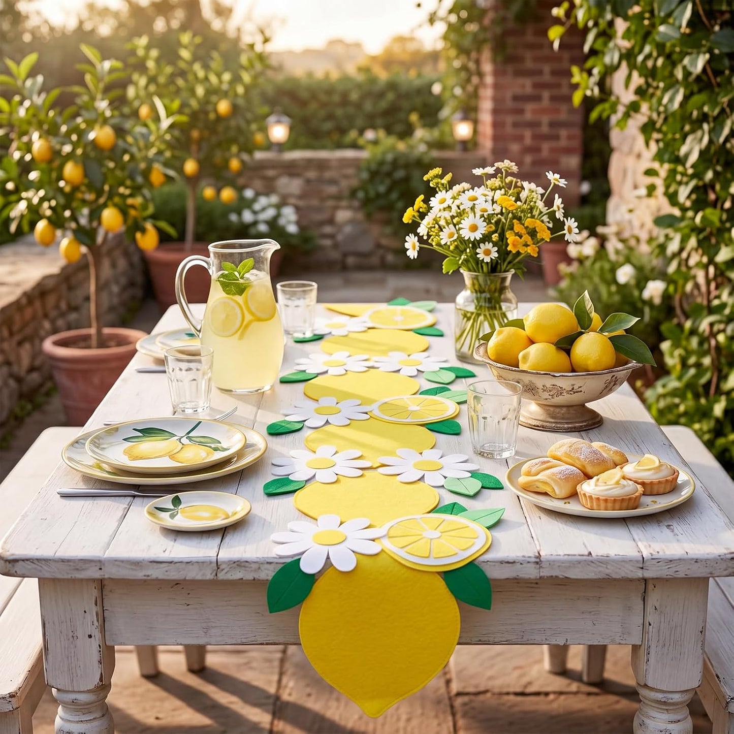 Lemon Table Runner Summer 11.8x67'' Felt Table Runner Lemonade Stand Party Decorations Fruit Daisy Farmhouse Dining Decor Gift for Kitchen Wedding Birthday Baby Bridal Shower Picnic Seasonal