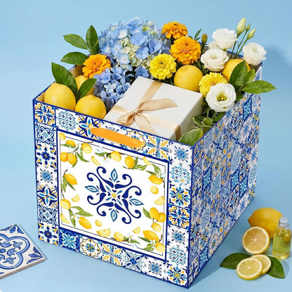 Large Lemon Gift Bag with Yellow Tissue Paper Mediterranean Blue Tile Wrapping Bags for Women Amalfi Coast Style 11.8In Square for Bridal Shower Birthday Italian Majolica Wedding Welcome Summer Party