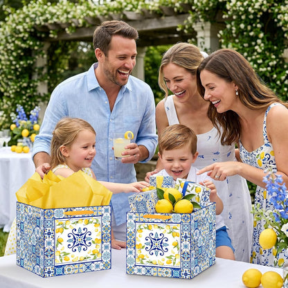 Large Lemon Gift Bag with Yellow Tissue Paper Mediterranean Blue Tile Wrapping Bags for Women Amalfi Coast Style 11.8In Square for Bridal Shower Birthday Italian Majolica Wedding Welcome Summer Party