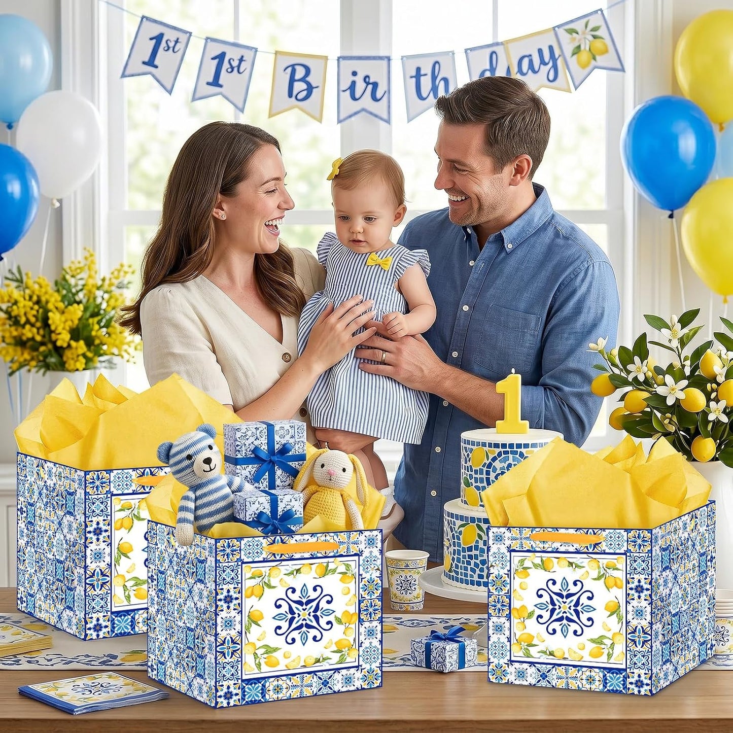 Large Lemon Gift Bag with Yellow Tissue Paper Mediterranean Blue Tile Wrapping Bags for Women Amalfi Coast Style 11.8In Square for Bridal Shower Birthday Italian Majolica Wedding Welcome Summer Party