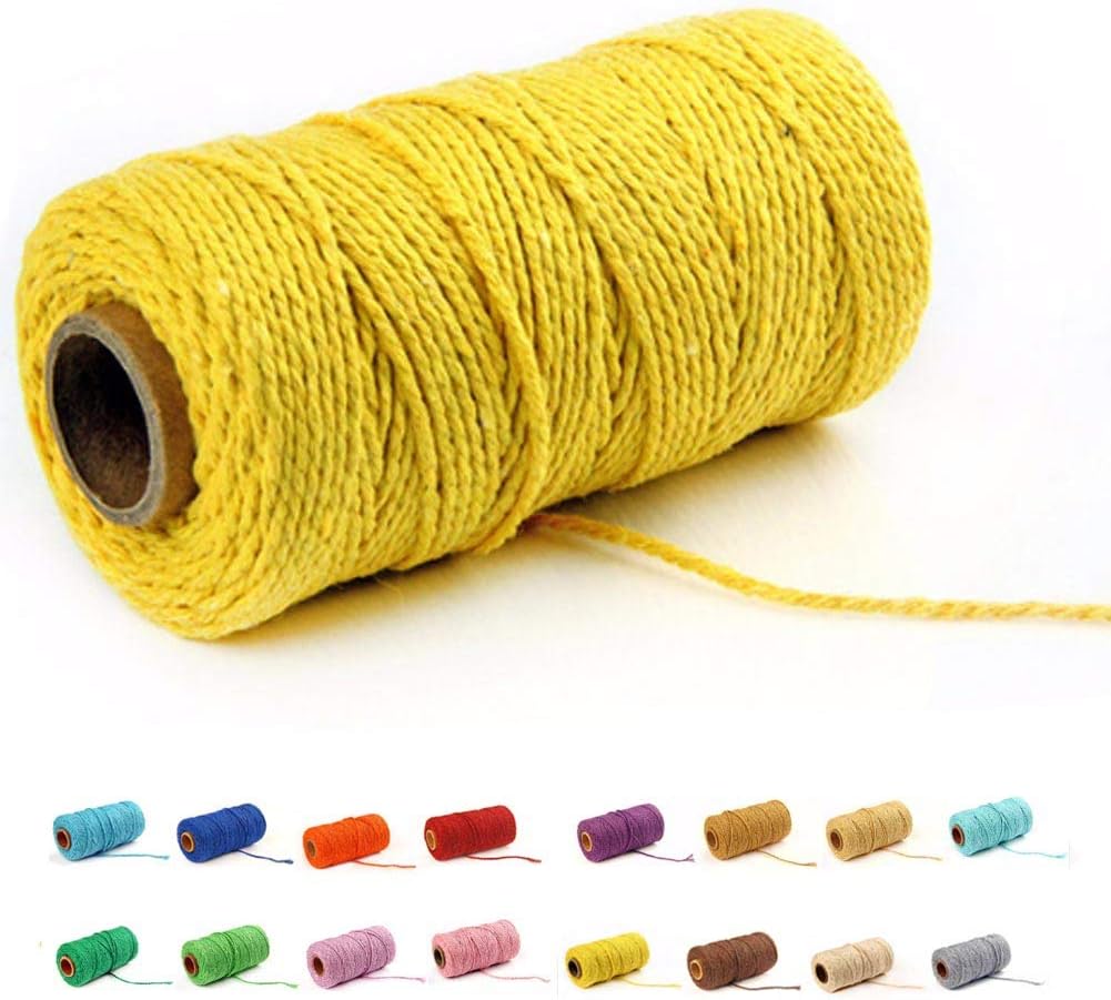 (109 Yards/1.5mm/35 Colors Optional) Cotton Baker Twine DIY Craft Macramé Natural Cotton Rope Craft Making Knitting String Rope DIY Wedding Decor Supply Christmas Wrapping (Yellow)