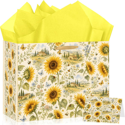 Sunflower Gift Bag with Tissue Paper and Greeting Card Rustic Floral Gift Wrapping Bag Yellow Wildflower Country Garden Gift Bag for Birthday Wedding Baby Shower Bridal Shower Party Supplies