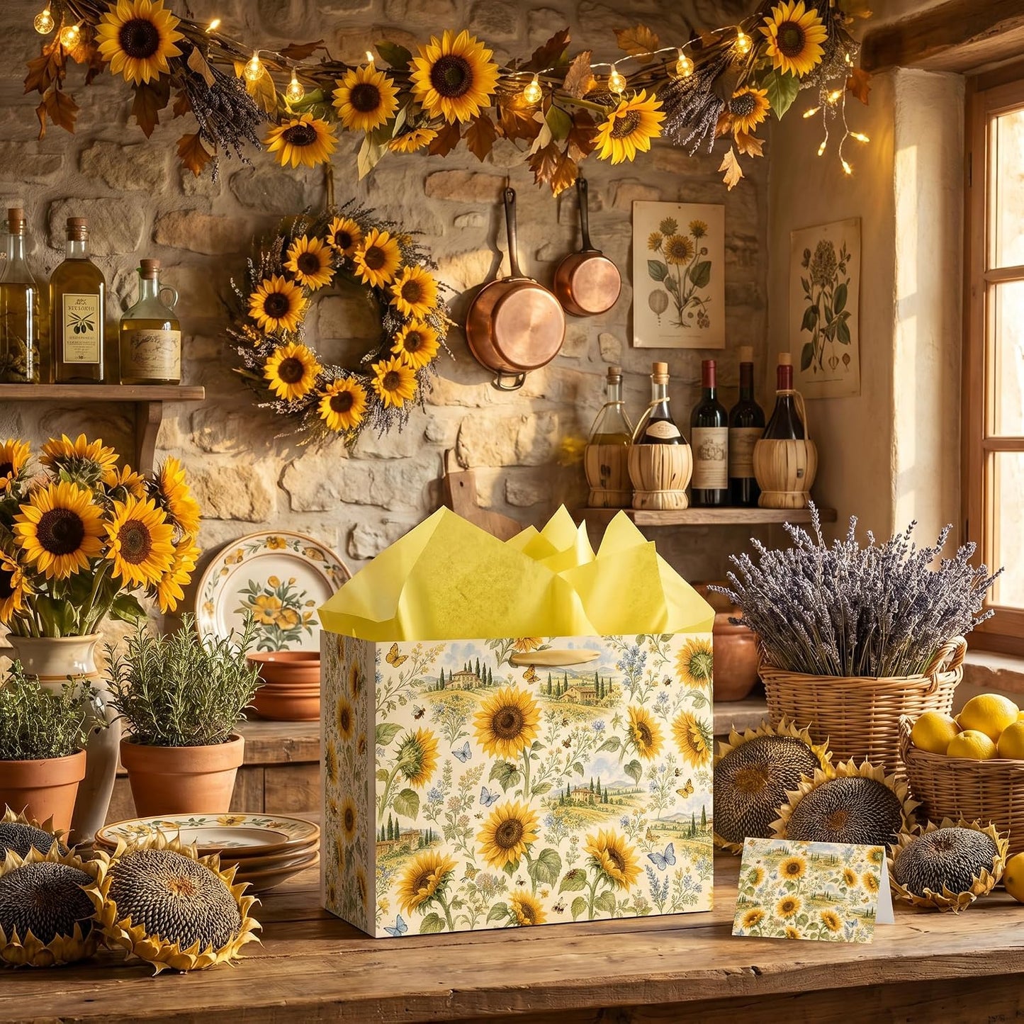 Sunflower Gift Bag with Tissue Paper and Greeting Card Rustic Floral Gift Wrapping Bag Yellow Wildflower Country Garden Gift Bag for Birthday Wedding Baby Shower Bridal Shower Party Supplies