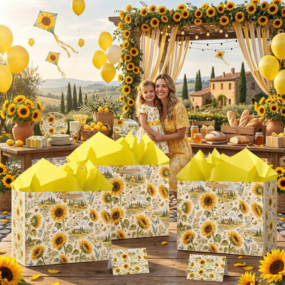 Sunflower Gift Bag with Tissue Paper and Greeting Card Rustic Floral Gift Wrapping Bag Yellow Wildflower Country Garden Gift Bag for Birthday Wedding Baby Shower Bridal Shower Party Supplies