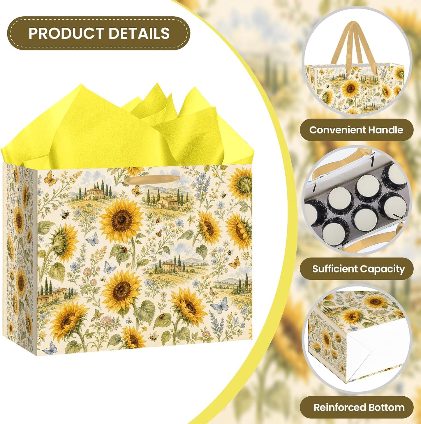 Sunflower Gift Bag with Tissue Paper and Greeting Card Rustic Floral Gift Wrapping Bag Yellow Wildflower Country Garden Gift Bag for Birthday Wedding Baby Shower Bridal Shower Party Supplies