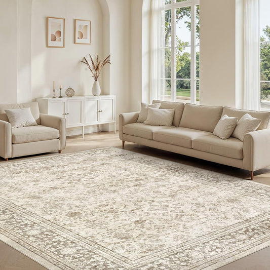 Area Rug 9x12 Washable Vintage - Soft Traditional Rugs for Living Room Large Non Slip Backing with Low Pile Farmhouse Oriental Retro Carpet for Bedroom Dining Room or Home Office - Yellowish Brown