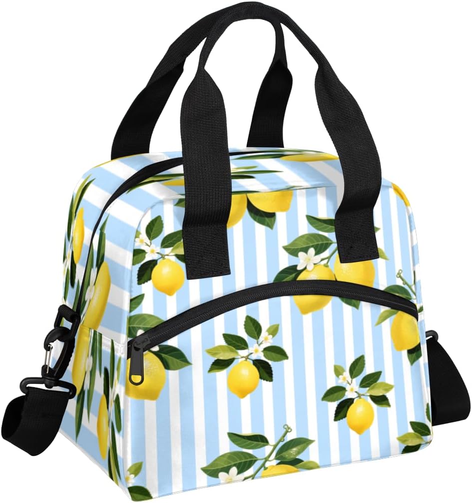 Lemon Stripes Insulated Lunch Bag for Women Men Reusable Lunch Box Cooler Bag Large Leakproof Lunch Tote with Adjustable Shoulder Strap for Adult Work Picnic Camping Beach Office