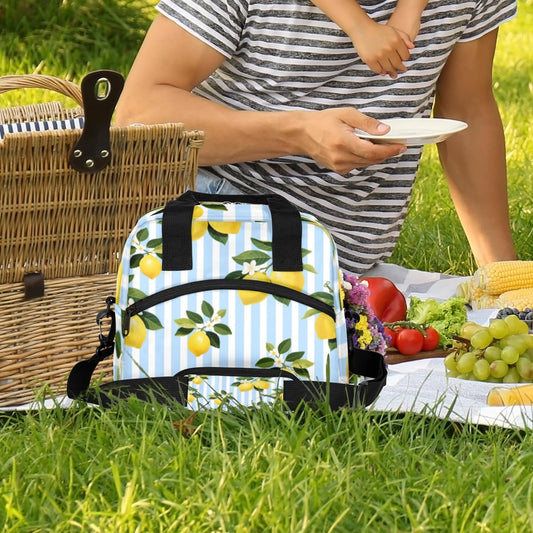 Lemon Stripes Insulated Lunch Bag for Women Men Reusable Lunch Box Cooler Bag Large Leakproof Lunch Tote with Adjustable Shoulder Strap for Adult Work Picnic Camping Beach Office