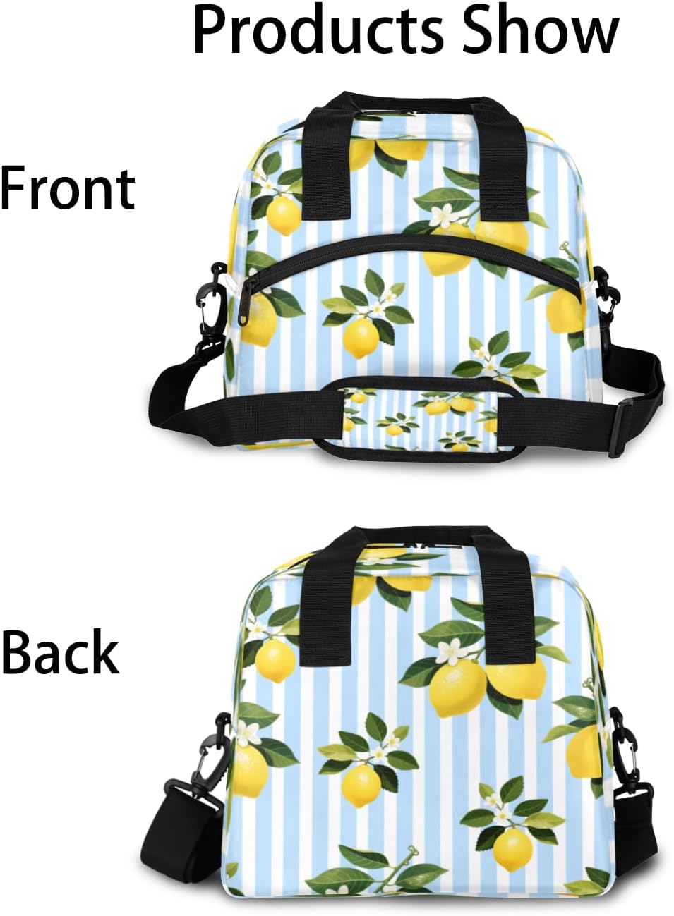 Lemon Stripes Insulated Lunch Bag for Women Men Reusable Lunch Box Cooler Bag Large Leakproof Lunch Tote with Adjustable Shoulder Strap for Adult Work Picnic Camping Beach Office
