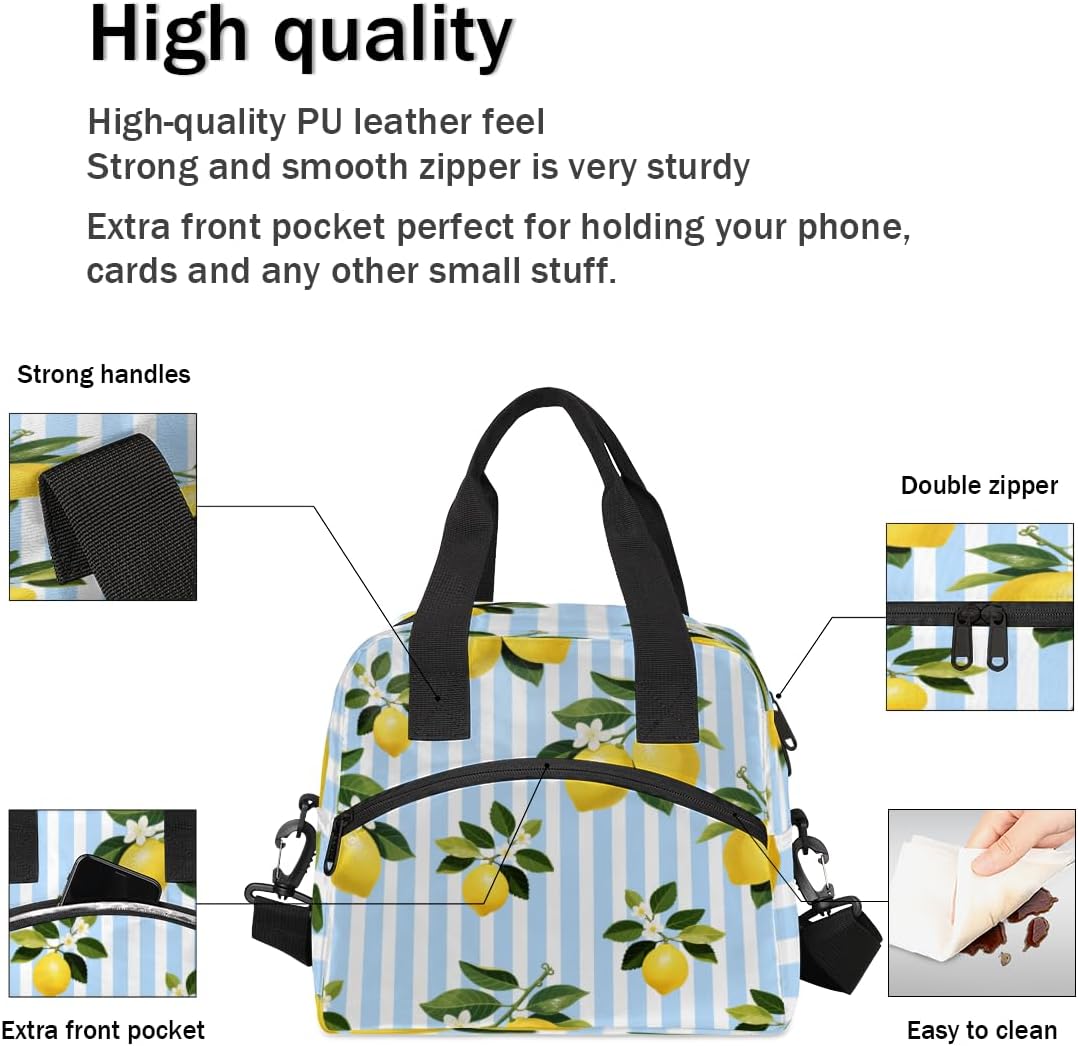 Lemon Stripes Insulated Lunch Bag for Women Men Reusable Lunch Box Cooler Bag Large Leakproof Lunch Tote with Adjustable Shoulder Strap for Adult Work Picnic Camping Beach Office