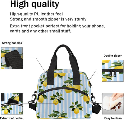 Lemon Stripes Insulated Lunch Bag for Women Men Reusable Lunch Box Cooler Bag Large Leakproof Lunch Tote with Adjustable Shoulder Strap for Adult Work Picnic Camping Beach Office